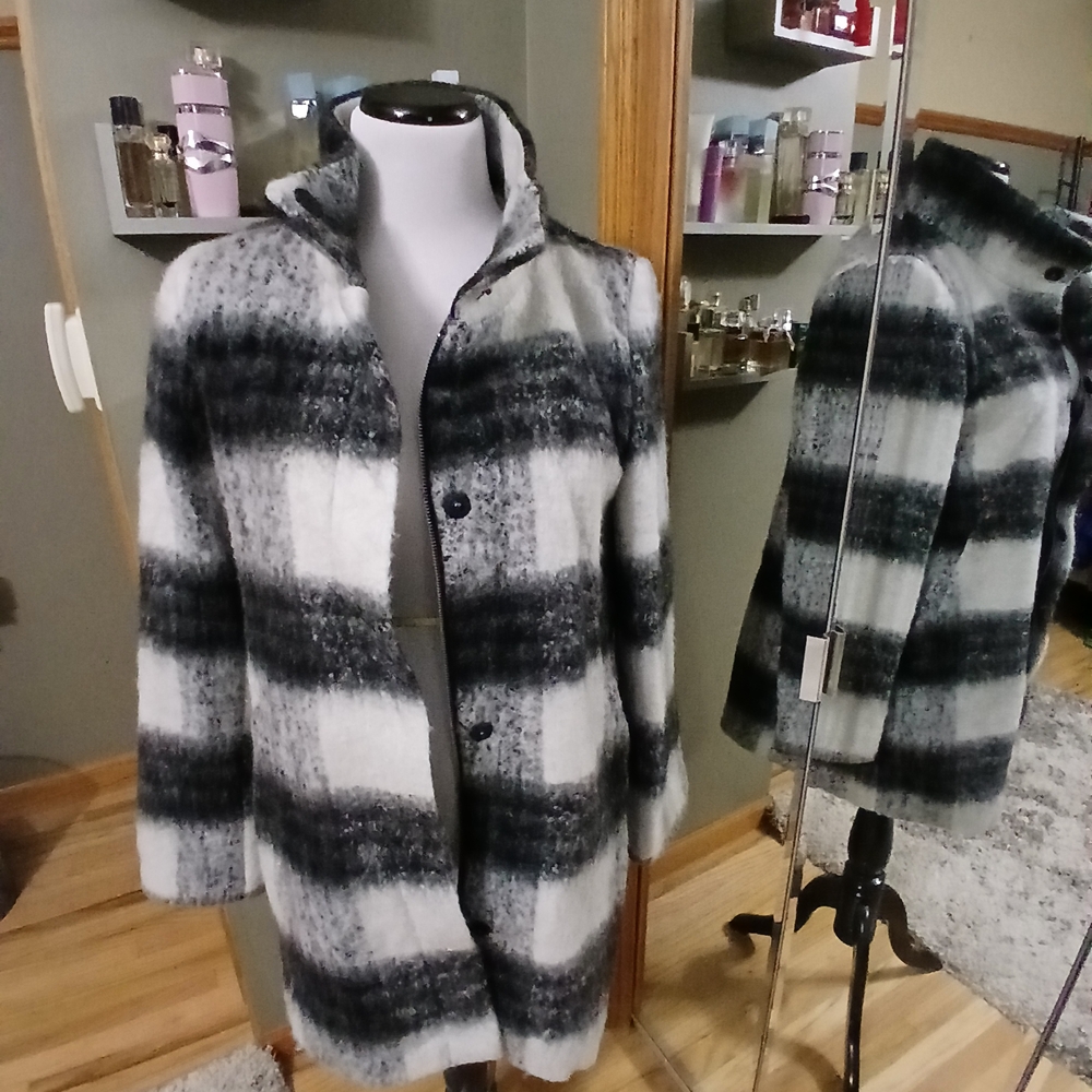 Kensie Black and White Plaid Teddy Jacket